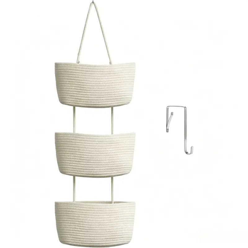 Woven cotton 3-Tier Over the Door Basket, Wall-Mounted Jute Bathroom Storage Organizer ๐งบ