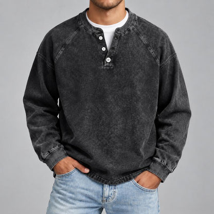 Men's Vintage Washed 3-Button Henley Long Sleeve Plain Pullover 🧥
