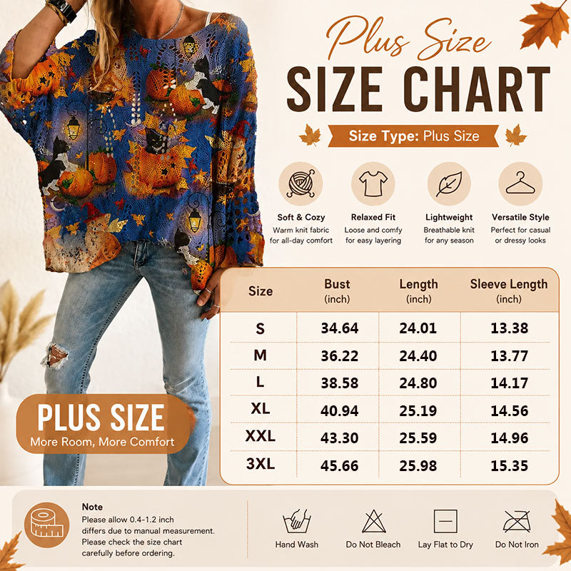 Women's Long-Sleeve Style Knitwear Piece, Halloween Pumpkin-Bat Print Casual Fall Pullover🎃
