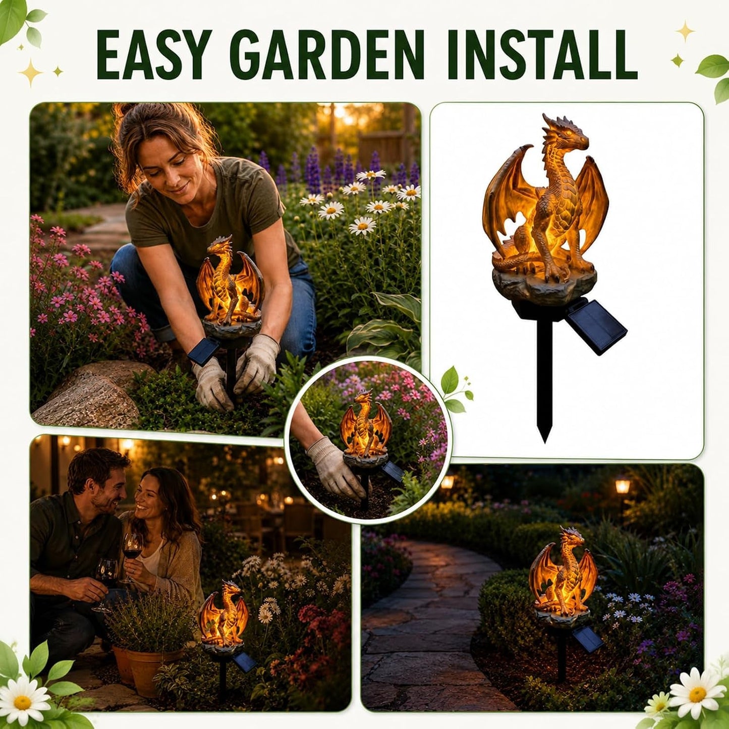 Solar Dragon Garden Statue Light, Resin Figurine Outdoor Path Lamp 🐉