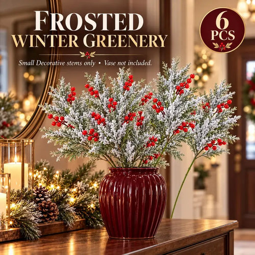 6 Pcs Artificial Frosted Christmas Pine-Cedar Stems with Red Berries, Snowy Evergreen Picks for Holiday Vase Decor 🎄