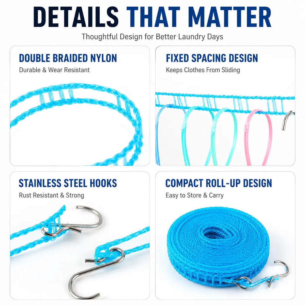 3 Roll Portable Clothesline – 196.85 Inch Adjustable Laundry Line, Windproof & Non-Slip⛺