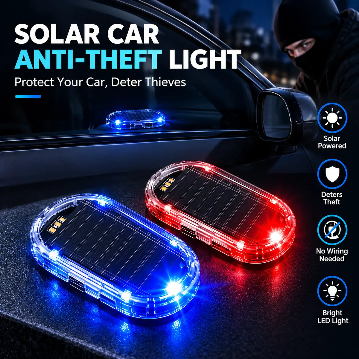 2PCS Solar Powered Fake Car Alarm Light, Auto Light Sensor LED Simulated Security Warning Flashing Light🚨