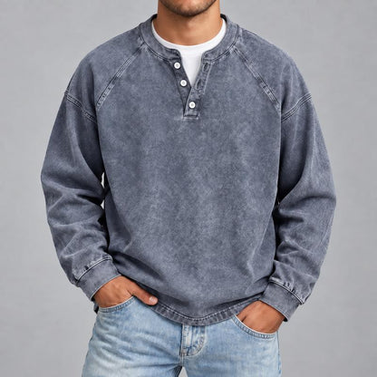Men's Vintage Washed 3-Button Henley Long Sleeve Plain Pullover 🧥
