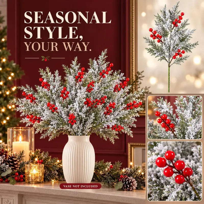 6 Pcs Artificial Frosted Christmas Pine-Cedar Stems with Red Berries, Snowy Evergreen Picks for Holiday Vase Decor 🎄