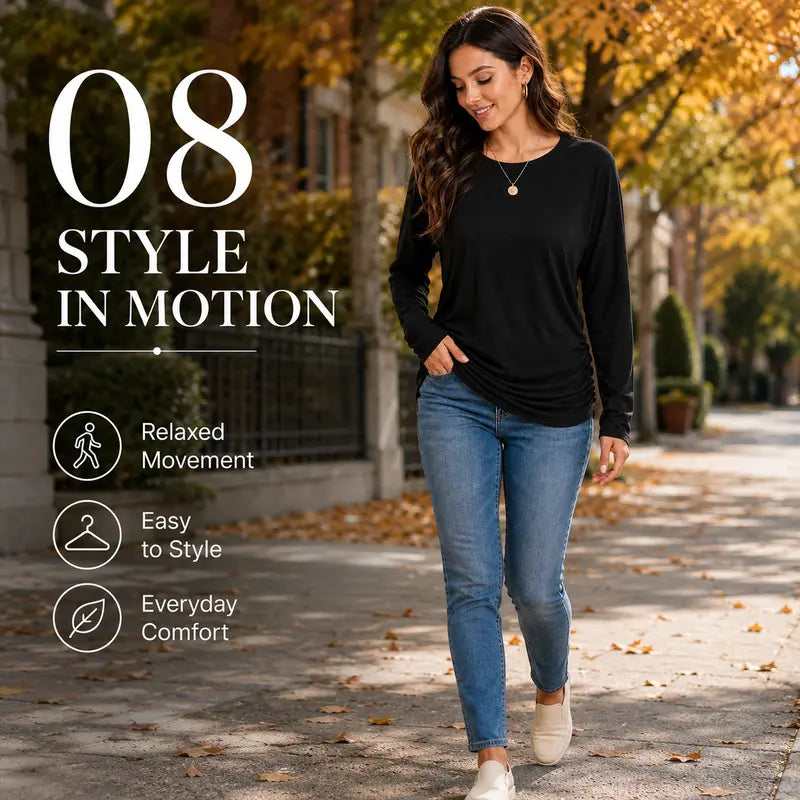 Womens Long Sleeve Shirts Ruched Hem Fall Tops Lightweight Sweaters ✨