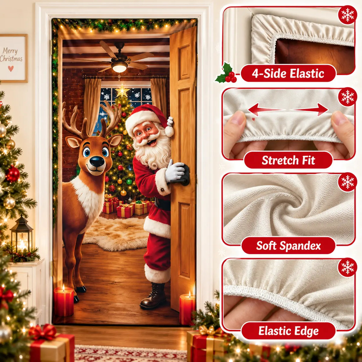 Christmas Door Cover Stretch Fit Santa & Reindeer Door Decoration with 4-Side Elastic Edges 🎅