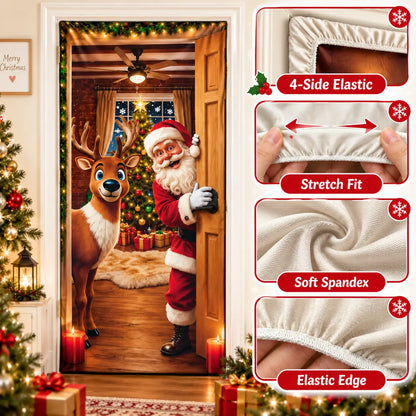Christmas Door Cover Stretch Fit Santa & Reindeer Door Decoration with 4-Side Elastic Edges 🎅