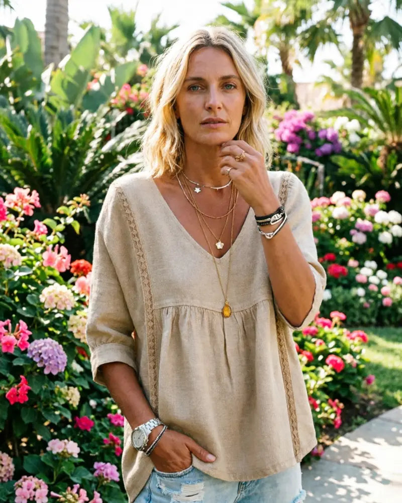 Women's Chic Loose-Fit V-Neck Lace Blouse, 3/4-Length Puff Sleeves, Side Lace Cut-Out Details👚