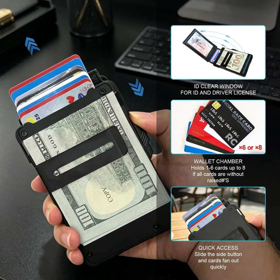 Men's RFID Minimalist Bifold Wallet - 1 ID Window, Pop‑Up Card Holder, Money Clip 💳