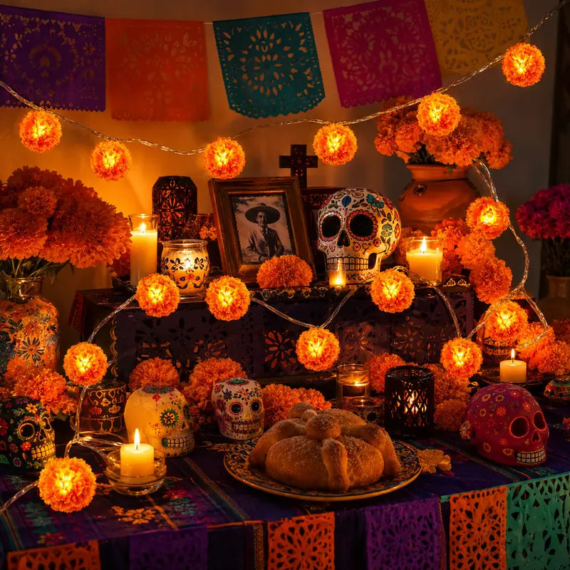 3M Mexican Marigold LED String Lights, 20 Flashing Orange Cempasuchil Style Garland✨