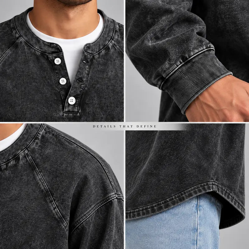 Men's Vintage Washed 3-Button Henley Long Sleeve Plain Pullover 🧥