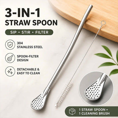 3‑Count Stainless Steel Straw‑Spoon, Multifunctional Filtered Strainer Scoop 🍹