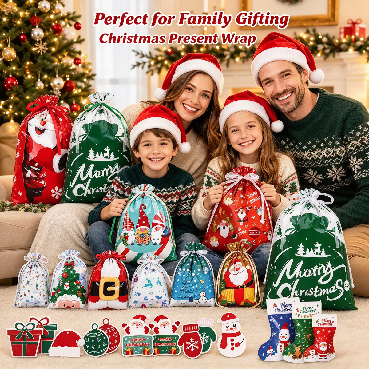 Family with assorted Christmas drawstring gift bags and gift tags