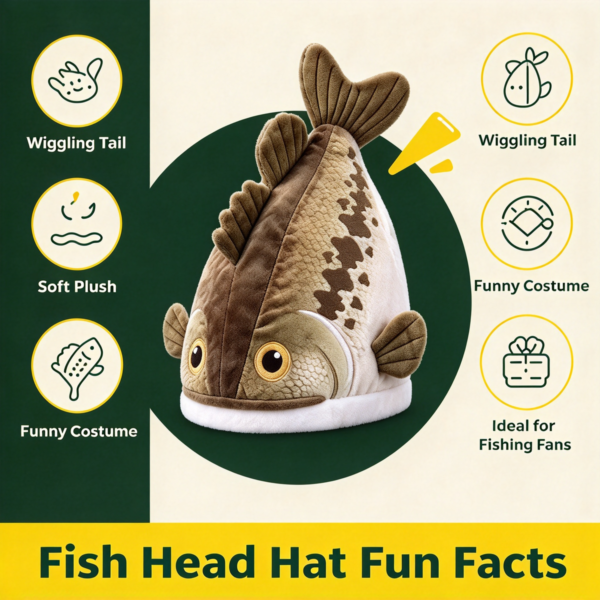 Bucketmouth Flapping Tail Plush Bass Fish Hat 🐟