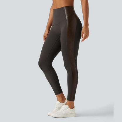 High Waisted Stretchy PU Tummy Control Yoga Leggings with Pocket 🧘