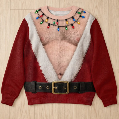 Funny Hairy Chest Santa Lights Ugly Christmas Sweater🎅
