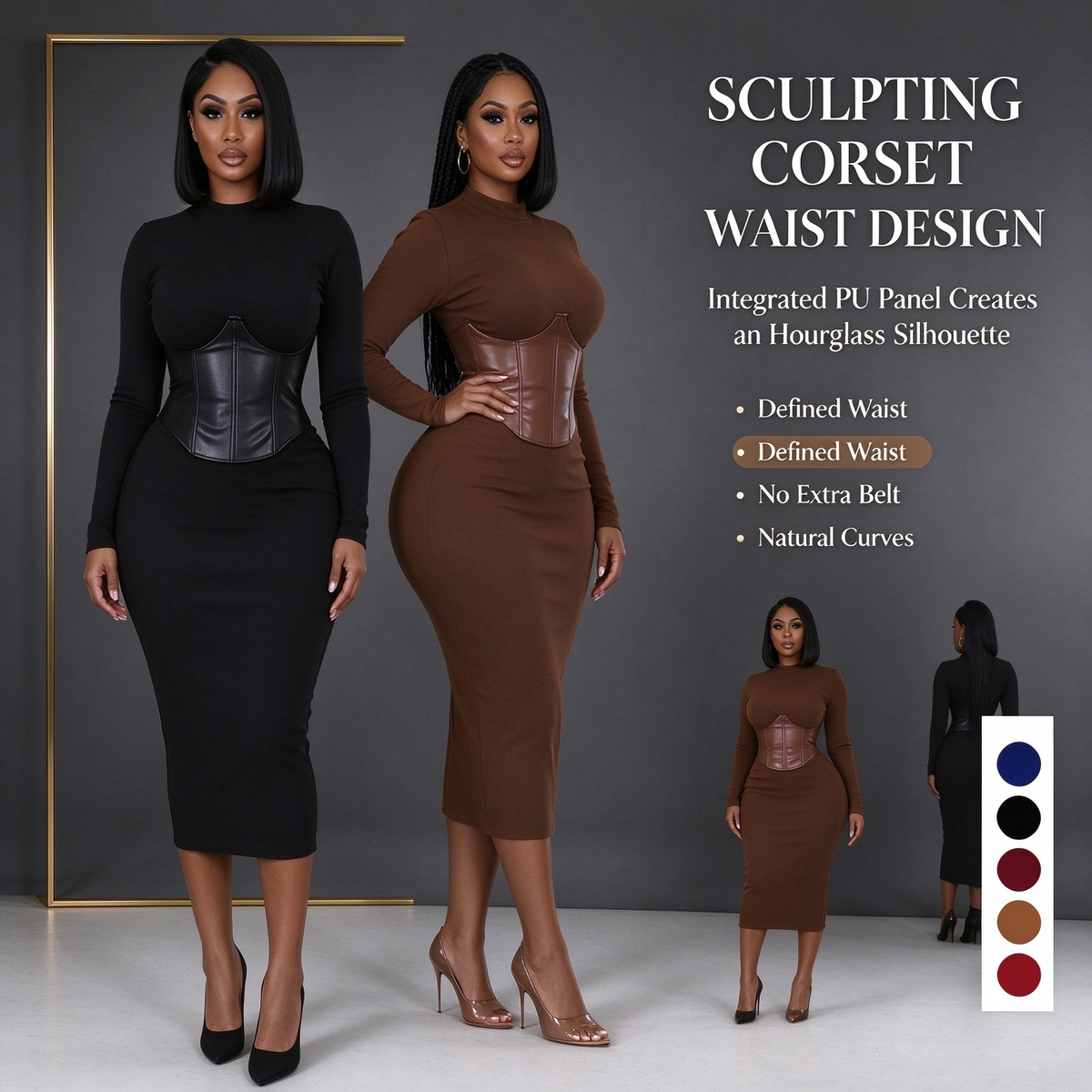 Women's Long-Sleeve High-Stretch Bodycon Midi Dress with PU Waist Belt Detail 👗