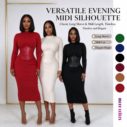 Women's Long-Sleeve High-Stretch Bodycon Midi Dress with PU Waist Belt Detail 👗