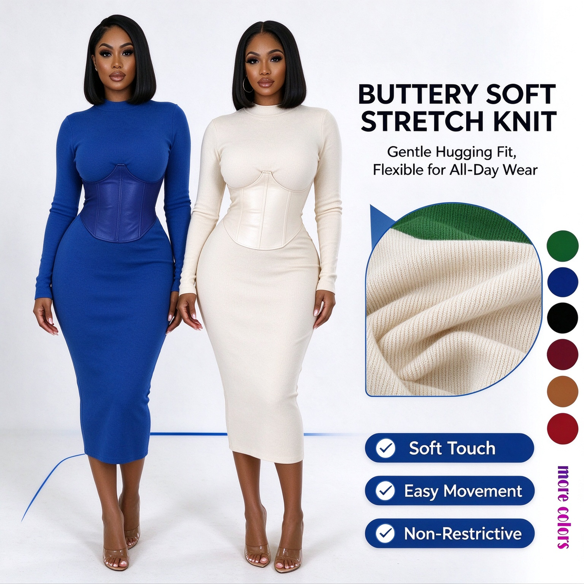 Women's Long-Sleeve High-Stretch Bodycon Midi Dress with PU Waist Belt Detail 👗