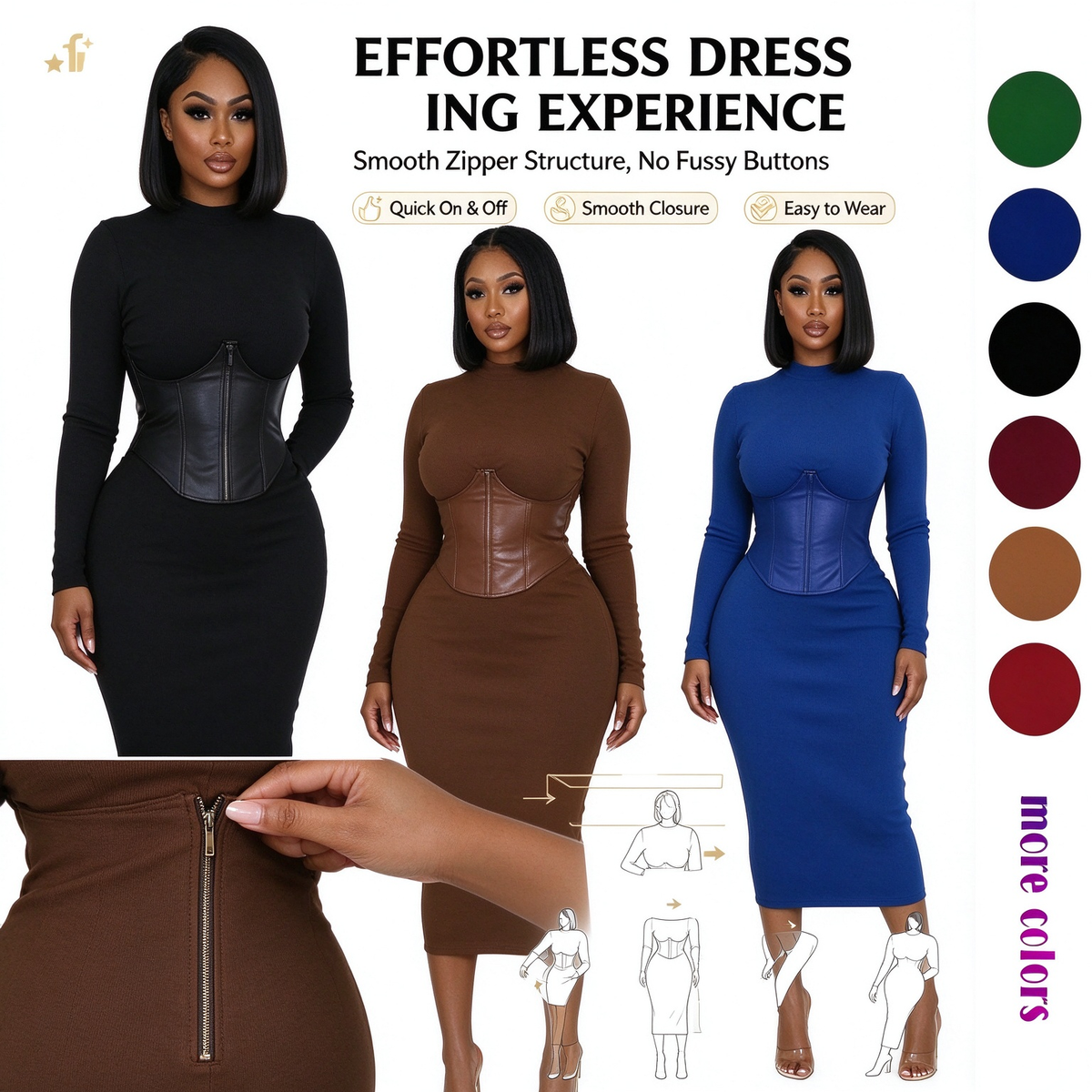 Women's Long-Sleeve High-Stretch Bodycon Midi Dress with PU Waist Belt Detail 👗
