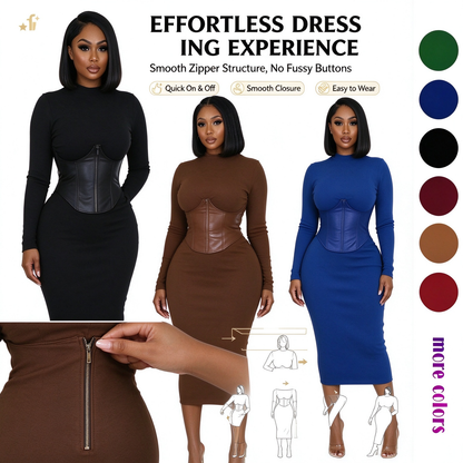 Women's Long-Sleeve High-Stretch Bodycon Midi Dress with PU Waist Belt Detail 👗