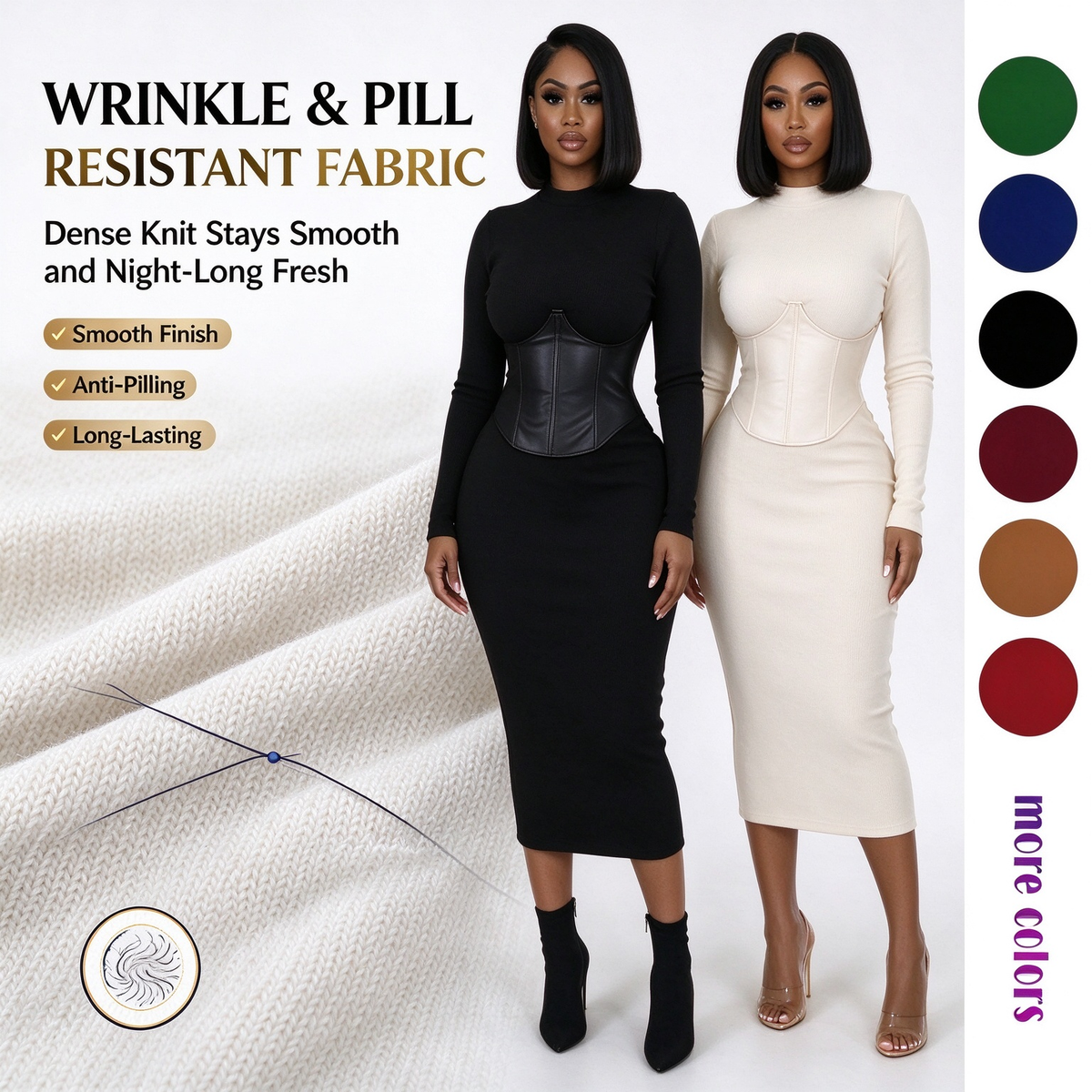 Women's Long-Sleeve High-Stretch Bodycon Midi Dress with PU Waist Belt Detail 👗