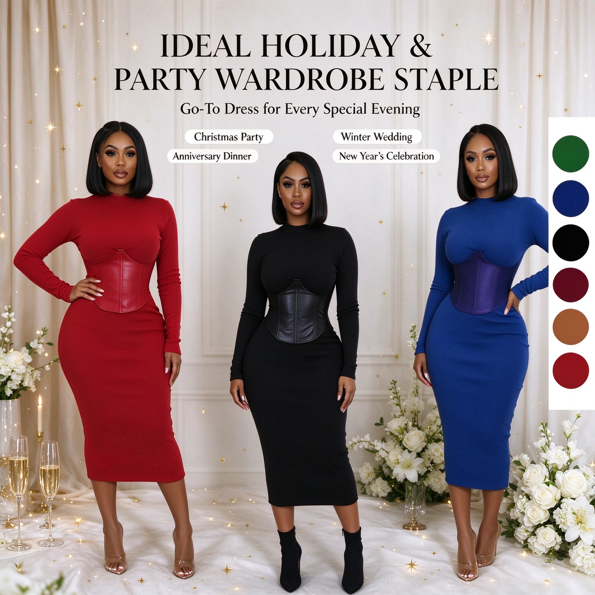 Women's Long-Sleeve High-Stretch Bodycon Midi Dress with PU Waist Belt Detail 👗