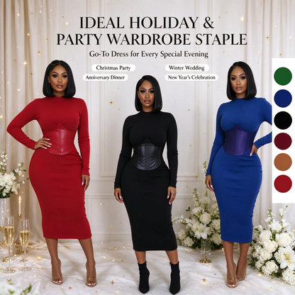Women's Long-Sleeve High-Stretch Bodycon Midi Dress with PU Waist Belt Detail 👗
