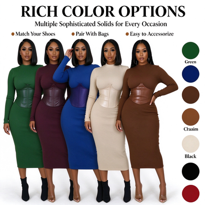 Women's Long-Sleeve High-Stretch Bodycon Midi Dress with PU Waist Belt Detail 👗