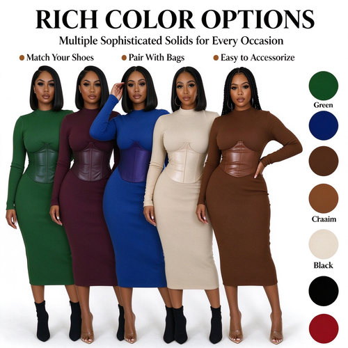 Women's Long-Sleeve High-Stretch Bodycon Midi Dress with PU Waist Belt Detail 👗