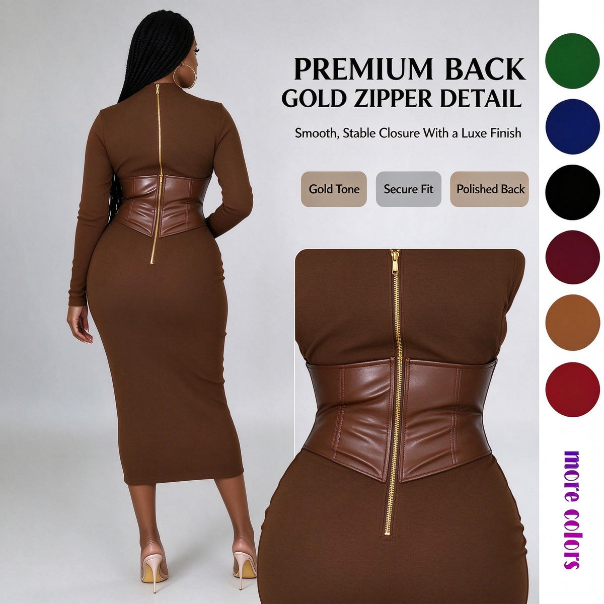 Women's Long-Sleeve High-Stretch Bodycon Midi Dress with PU Waist Belt Detail 👗