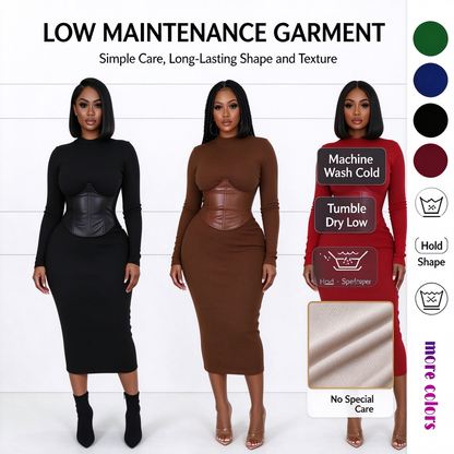 Women's Long-Sleeve High-Stretch Bodycon Midi Dress with PU Waist Belt Detail 👗