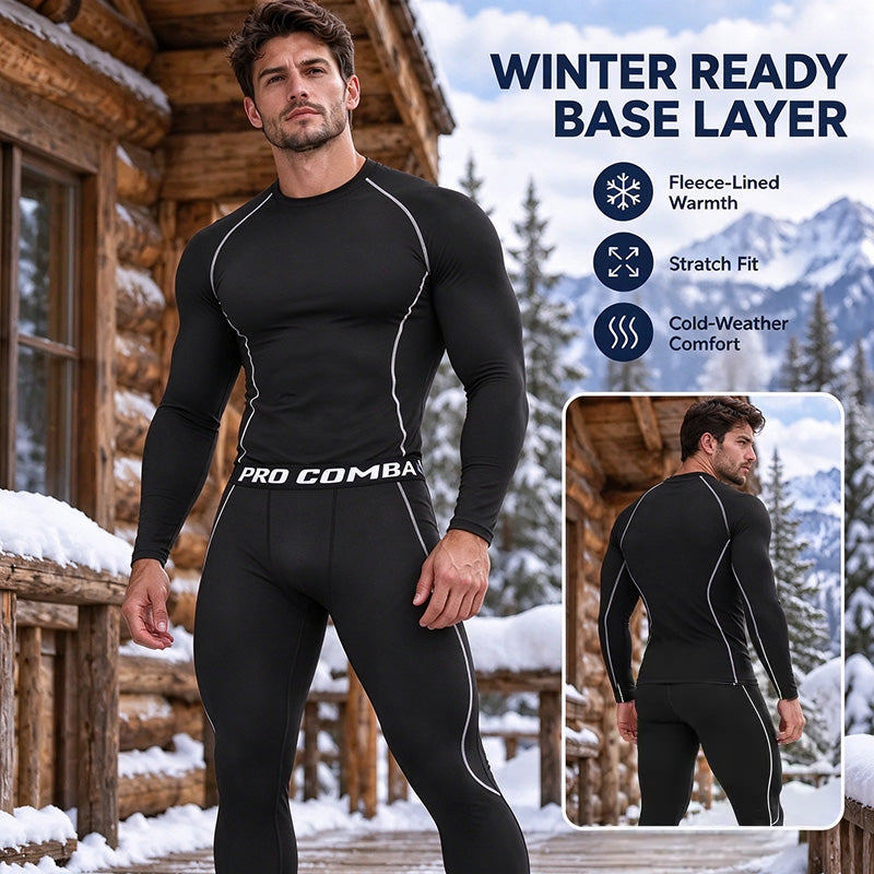Men's Thermal Underwear Set - Long Sleeve T-Shirt & Pants with "WARM" Print 🔥
