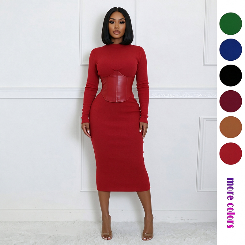 Women's Long-Sleeve High-Stretch Bodycon Midi Dress with PU Waist Belt Detail 👗