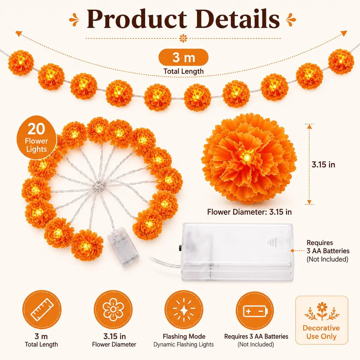 3M Mexican Marigold LED String Lights, 20 Flashing Orange Cempasuchil Style Garland✨