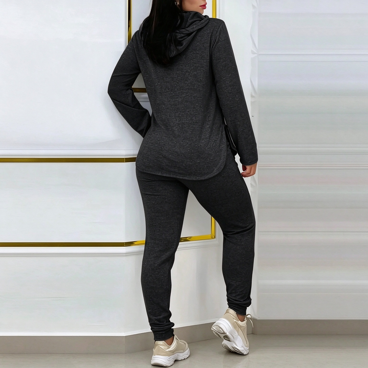 Women's Solid Basic 2-Piece Outfit, Drawstring Hooded Long Sleeve Top & Slim Fit Casual Pants 🧶