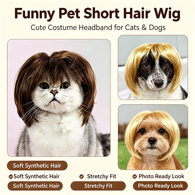 Cute Short-Hair Wig Pet Headband, Funny Pet Wig Hair Accessories for Dogs and Cats 🐶