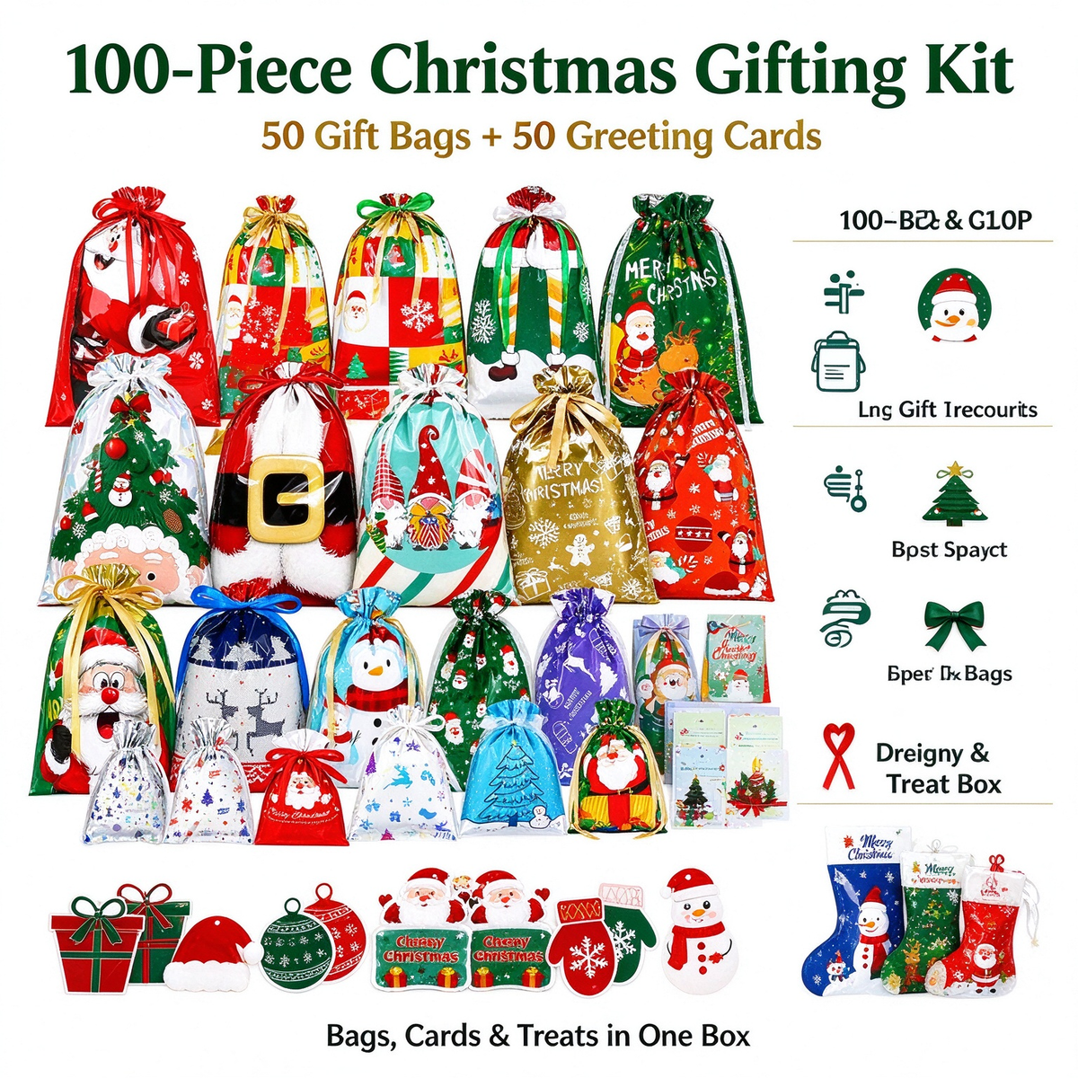 Christmas gift bag assortment with matching greeting cards and tags