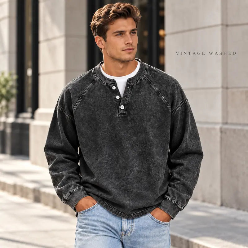 Men's Vintage Washed 3-Button Henley Long Sleeve Plain Pullover 🧥