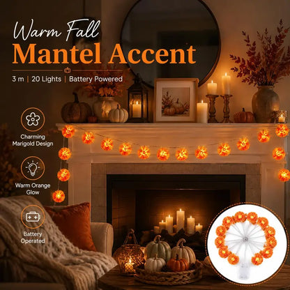 3M Mexican Marigold LED String Lights, 20 Flashing Orange Cempasuchil Style Garland✨