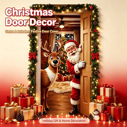 Christmas Door Cover Stretch Fit Santa & Reindeer Door Decoration with 4-Side Elastic Edges 🎅