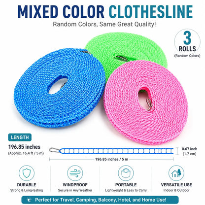 3 Roll Portable Clothesline – 196.85 Inch Adjustable Laundry Line, Windproof & Non-Slip⛺