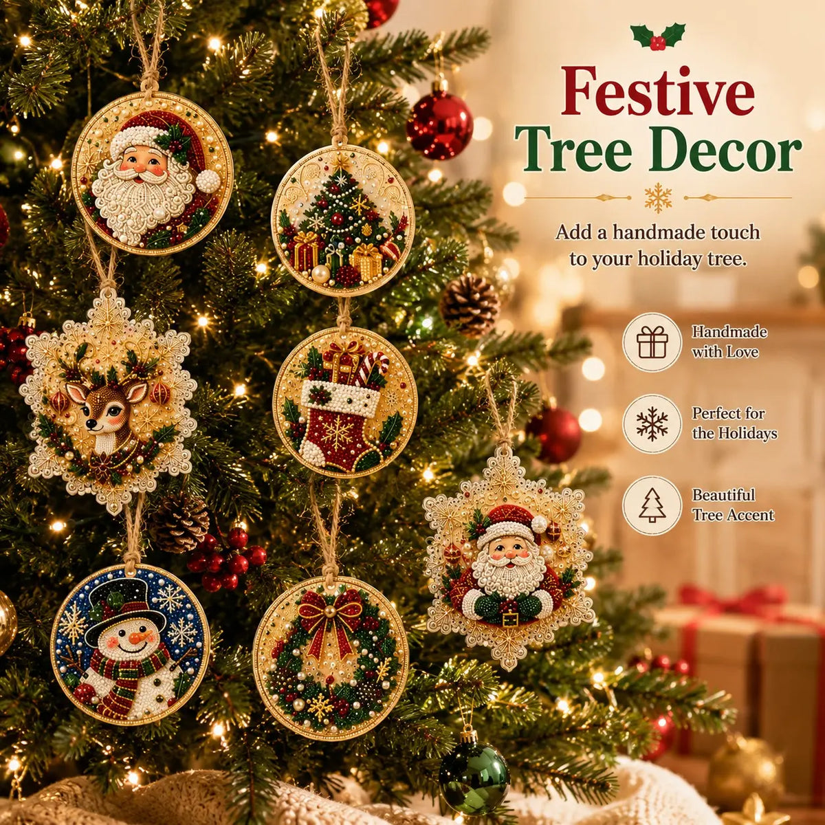 6Pcs/12Pcs Christmas DIY Diamond Painting Ornaments Kit, Xmas Tree Hanging Pendant 🎄
