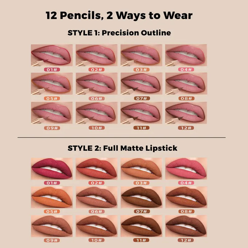 12 Pcs Matte Lip Liner Set with Sharpener, Blendable Lip Pencil 💄