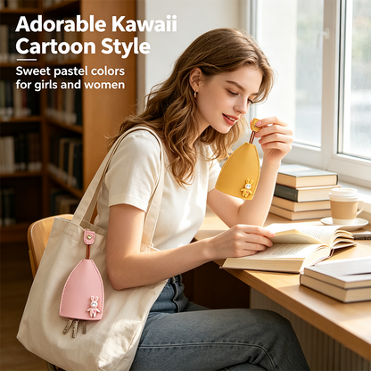 [Set of 3 - Orange, Pink & Black] Cute Cartoon Pull-out Key Case, Portable Leather Car Key Holder🔑