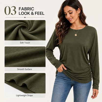 Womens Long Sleeve Shirts Ruched Hem Fall Tops Lightweight Sweaters ✨