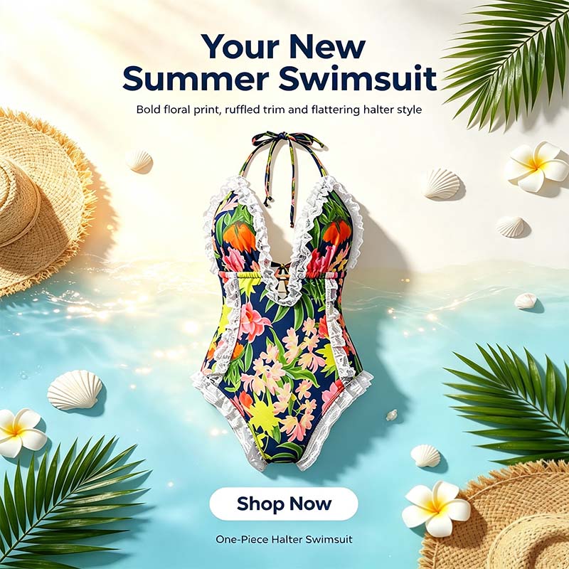Women's One Piece Halter V-neck Printing Lace Adjustable Back Straps Sexy Swimsuit 👙