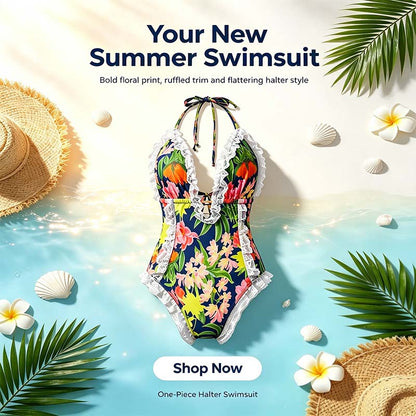 Women's One Piece Halter V-neck Printing Lace Adjustable Back Straps Sexy Swimsuit 👙