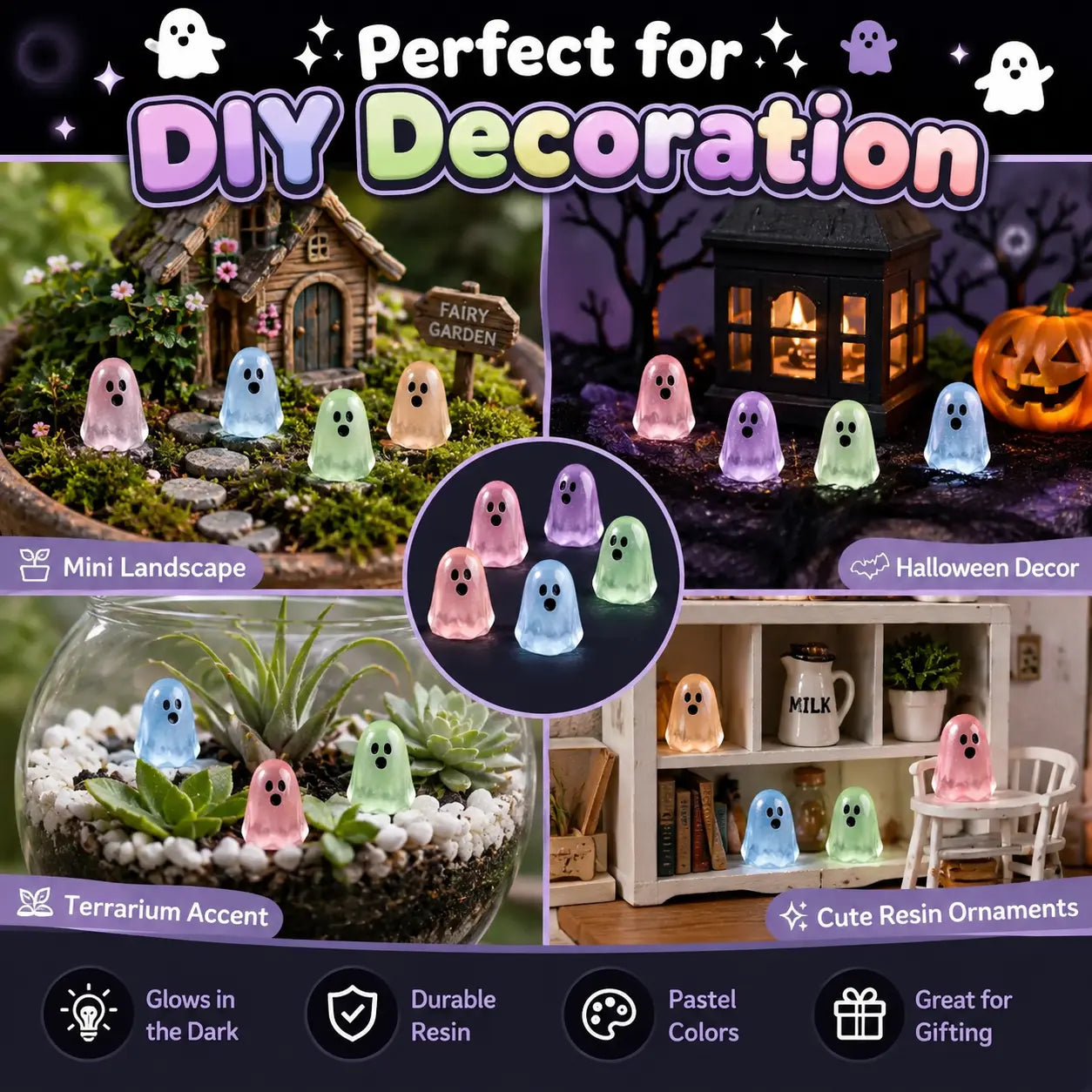 Glow In Dark Cute Ghost Resin Bead Set, Random Pattern Luminous Decorative Charms 👻
